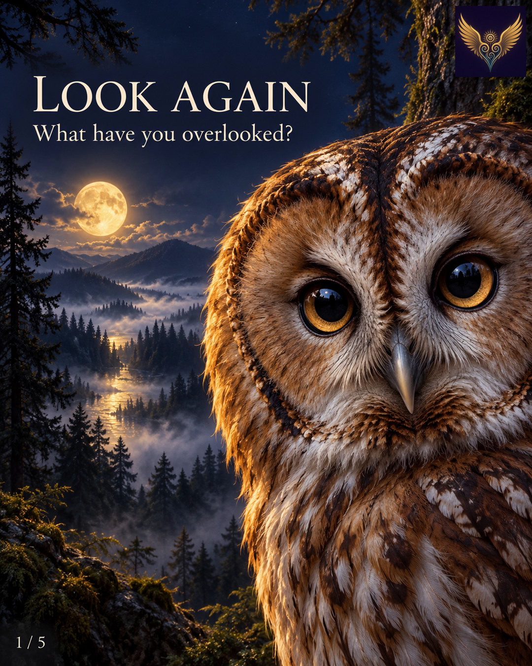 An original SCW owl portrait against a moonlit forest, asking the viewer to look again at what they may have overlooked.