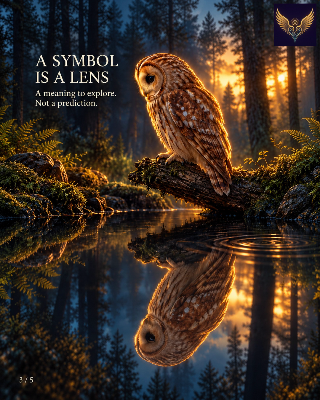 An owl perched above a forest pool, with its reflection below; the image separates the animal from the interpretation a viewer may bring to it.